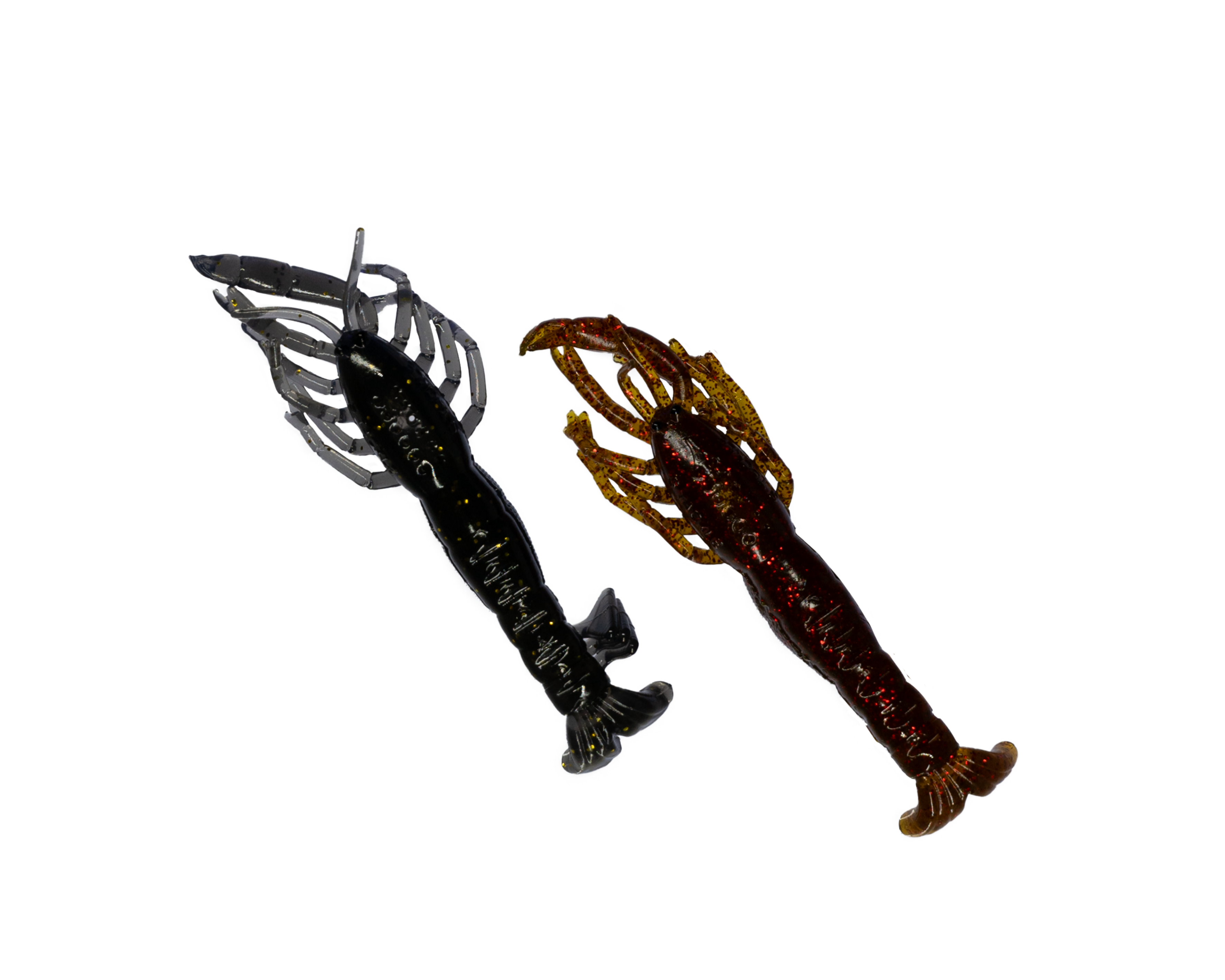 Two fishing lures, one brown and one black, on a white background