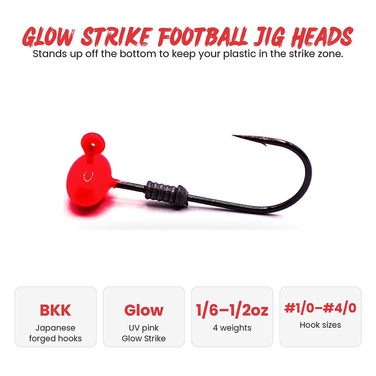 S Tackle Glow Strike football jig heads: BKK forged hooks, UV pink glow head, 1/6 to 1/2 oz, #1/0 to #4/0 hooks