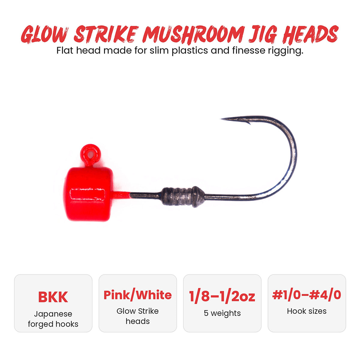 S Tackle Glow Strike mushroom jig heads: BKK forged hooks, Pink or White heads, 1/8 to 1/2 oz, #1/0 to #4/0 hooks