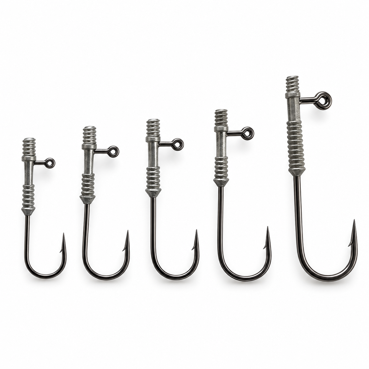 Five S-Tackle BKK SWITCH hooks in ascending sizes, showing screw threads, ribbed keepers and side line-tie eyes